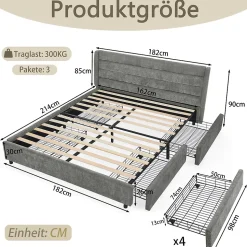 Lit Double 160x200 cm Capitonné, 4 Tiroirs, Facile à Assembler pour Chambre Parentale ou d'Invité, Gris Foncé, Sans Matelas