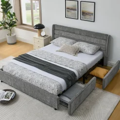 Lit Double 160x200 cm Capitonné, 4 Tiroirs, Facile à Assembler pour Chambre Parentale ou d'Invité, Gris Foncé, Sans Matelas