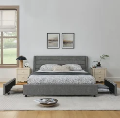 Lit Double 160x200 cm Capitonné, 4 Tiroirs, Facile à Assembler pour Chambre Parentale ou d'Invité, Gris Foncé, Sans Matelas