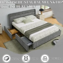 Lit Double 140x200 cm Capitonné, 4 Tiroirs, Facile à Assembler pour Chambre d'Ado ou d'Invité, Gris Foncé, Sans Matelas