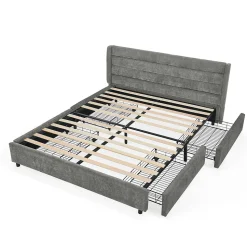 Lit Double 140x200 cm Capitonné, 4 Tiroirs, Facile à Assembler pour Chambre d'Ado ou d'Invité, Gris Foncé, Sans Matelas