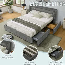 Lit Double 140x200 cm Capitonné, 4 Tiroirs, Facile à Assembler pour Chambre d'Ado ou d'Invité, Gris Foncé, Sans Matelas