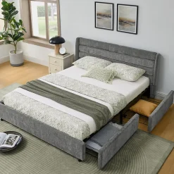 Lit Double 140x200 cm Capitonné, 4 Tiroirs, Facile à Assembler pour Chambre d'Ado ou d'Invité, Gris Foncé, Sans Matelas