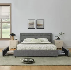 Lit Double 140x200 cm Capitonné, 4 Tiroirs, Facile à Assembler pour Chambre d'Ado ou d'Invité, Gris Foncé, Sans Matelas