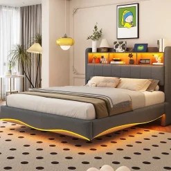 Lit Double 140x200 cm capitonné avec LED et Ports USB/Type-C, Coffre Intégré, Tissu Gris, Sans Matelas