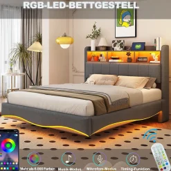 Lit Double 140x200 cm capitonné avec LED et Ports USB/Type-C, Coffre Intégré, Tissu Gris, Sans Matelas