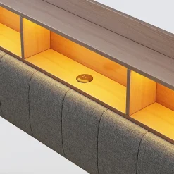 Lit Double 140x200 cm capitonné avec LED et Ports USB/Type-C, Coffre Intégré, Tissu Gris, Sans Matelas