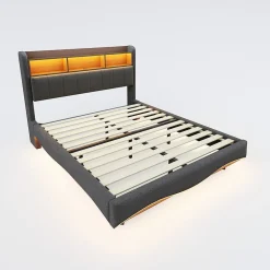 Lit Double 140x200 cm capitonné avec LED et Ports USB/Type-C, Coffre Intégré, Tissu Gris, Sans Matelas