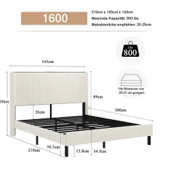 Lit double 160x200 cm capitonné adulte avec métallique stable et design à ailes - plateforme rembourrée velours côtelé beige/crème