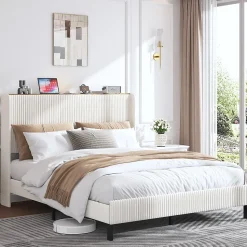 Lit double 160x200 cm capitonné adulte avec métallique stable et design à ailes - plateforme rembourrée velours côtelé beige/crème