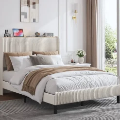 Lit double 140x200 cm capitonné adulte avec métallique stable et design à ailes - plateforme rembourrée velours côtelé beige/crème