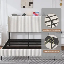 Lit double 140x200 cm capitonné adulte avec métallique stable et design à ailes - plateforme rembourrée velours côtelé beige/crème