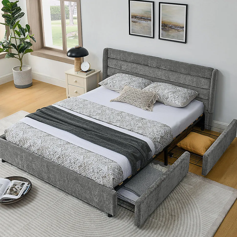 Lit double 160x200 cm, chenille, 4 tiroirs - gris foncé