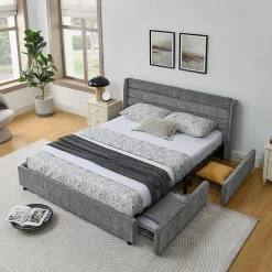 Lit double 160x200 cm, chenille, 4 tiroirs - gris foncé