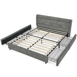 Lit double 160x200 cm, chenille, 4 tiroirs - gris foncé