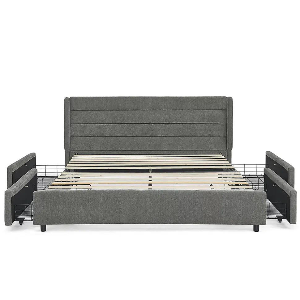 Lit double 160x200 cm, chenille, 4 tiroirs - gris foncé