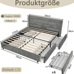 Lit double 160x200 cm, chenille, 4 tiroirs - gris foncé