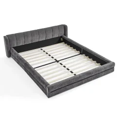 Lit double 140x200 cm, chenille, cadre eucalyptus/fer - gris foncé