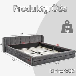 Lit double 140x200 cm, chenille, cadre eucalyptus/fer - gris foncé