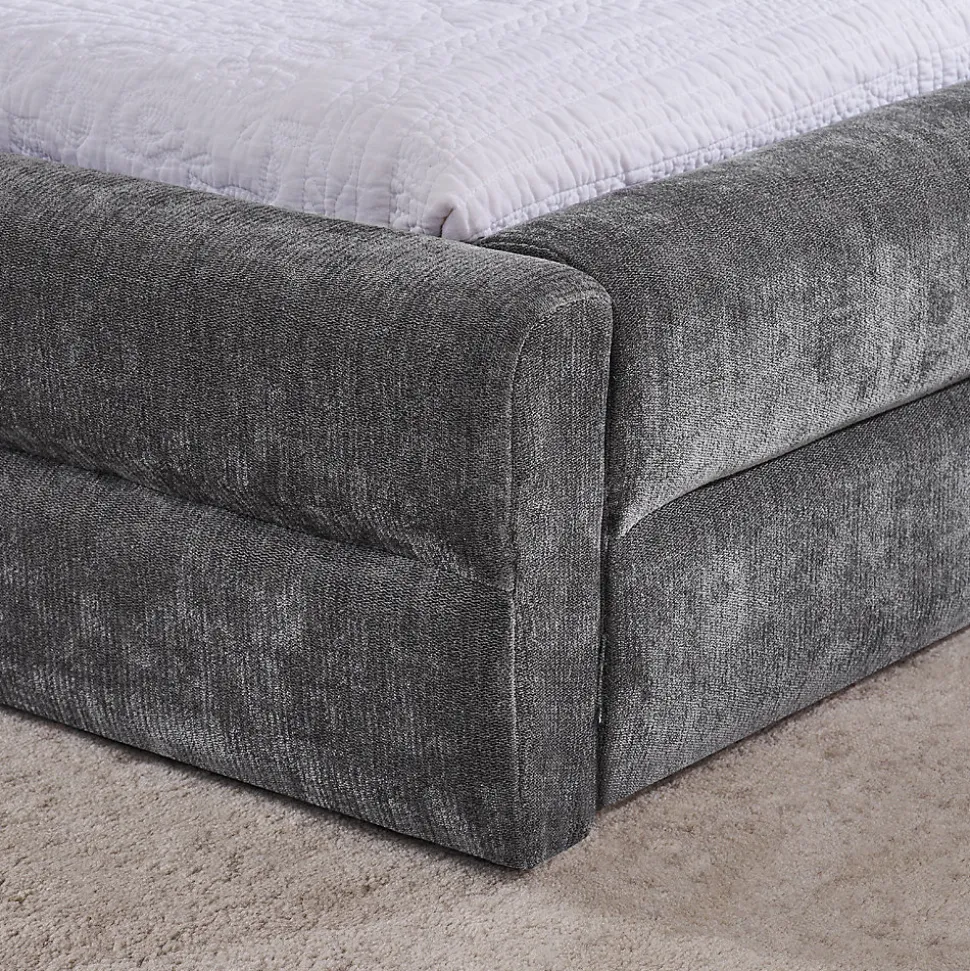 Lit double 140x200 cm, chenille, cadre eucalyptus/fer - gris foncé