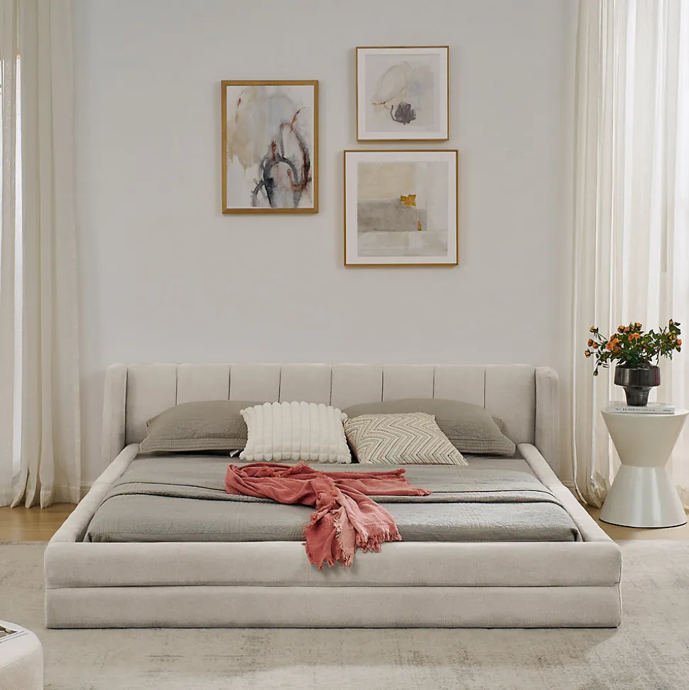 Lit double 160x200 cm, chenille, cadre eucalyptus/fer - beige