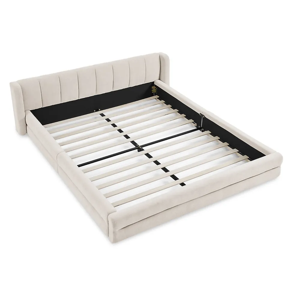 Lit double 160x200 cm, chenille, cadre eucalyptus/fer - beige