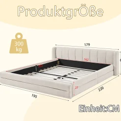 Lit double 160x200 cm, chenille, cadre eucalyptus/fer - beige