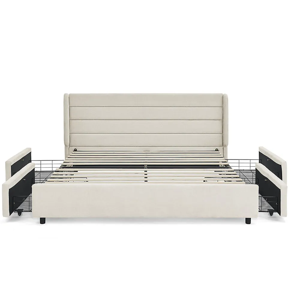 Lit double 140x200 cm, chenille, 4 tiroirs - beige