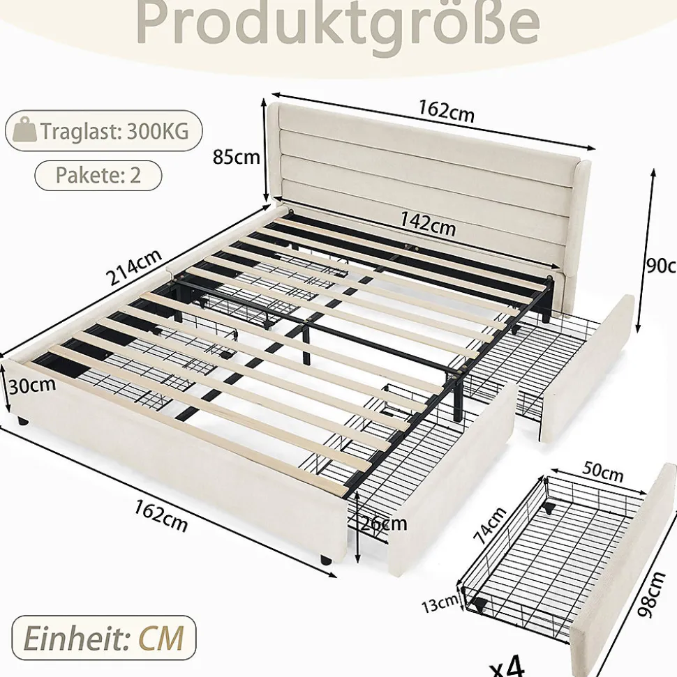 Lit double 140x200 cm, chenille, 4 tiroirs - beige