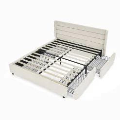 Lit double 140x200 cm, chenille, 4 tiroirs - beige