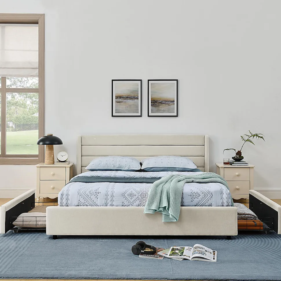 Lit double 140x200 cm, chenille, 4 tiroirs - beige