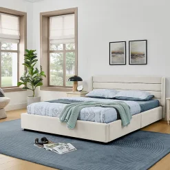 Lit double 140x200 cm, chenille, 4 tiroirs - beige