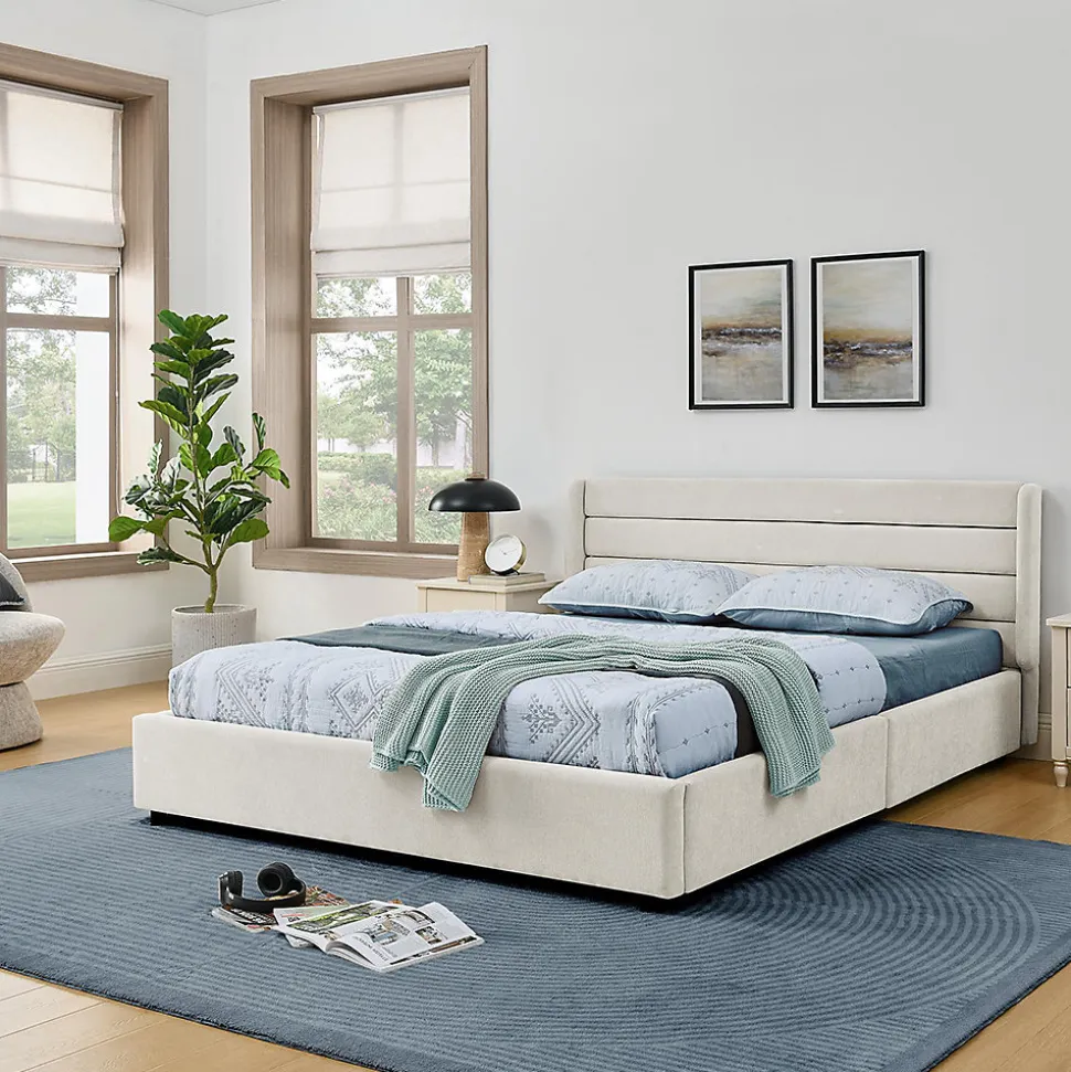 Lit double 140x200 cm, chenille, 4 tiroirs - beige