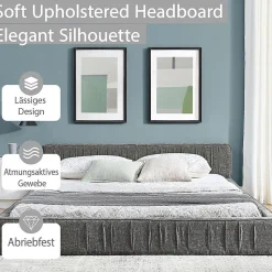 Lit double 160x200 cm, chenille veloutée, bois eucalyptus - gris foncé