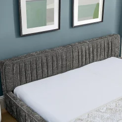 Lit double 160x200 cm, chenille veloutée, bois eucalyptus - gris foncé