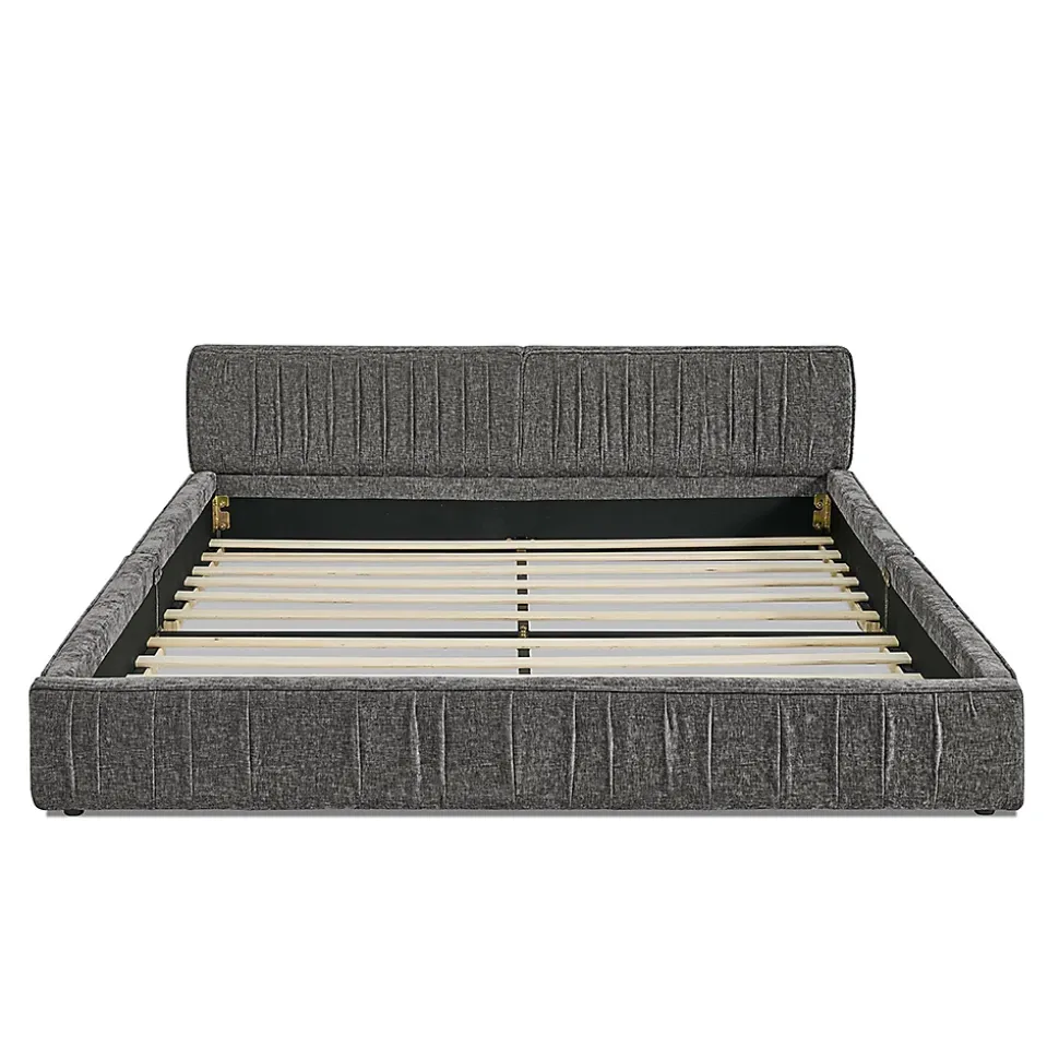 Lit double 140x200 cm, chenille veloutée, bois eucalyptus, cadre fer - gris foncé