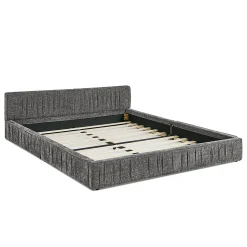 Lit double 140x200 cm, chenille veloutée, bois eucalyptus, cadre fer - gris foncé