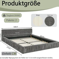 Lit double 140x200 cm, chenille veloutée, bois eucalyptus, cadre fer - gris foncé