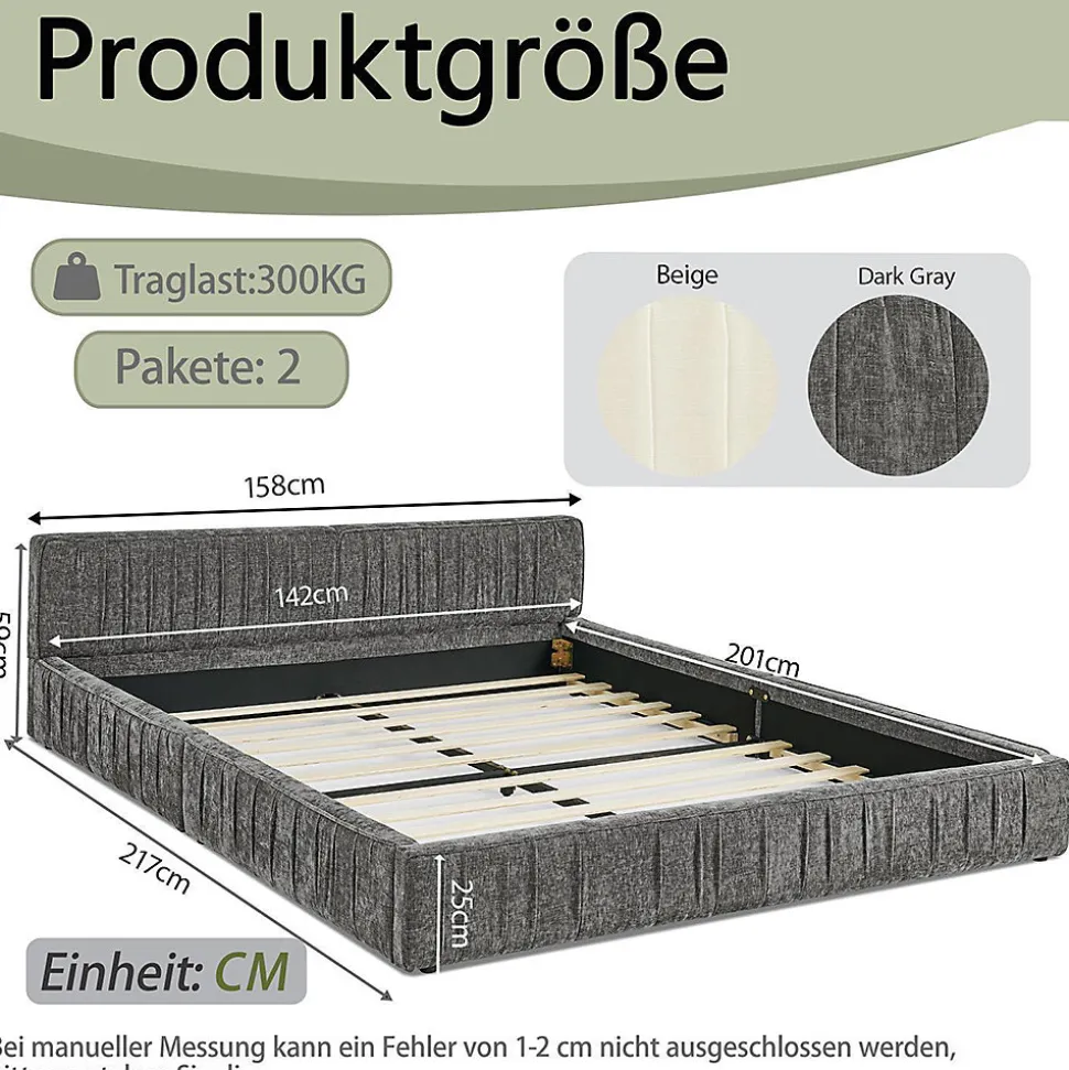 Lit double 140x200 cm, chenille veloutée, bois eucalyptus, cadre fer - gris foncé