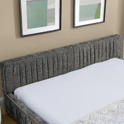 Lit double 140x200 cm, chenille veloutée, bois eucalyptus, cadre fer - gris foncé