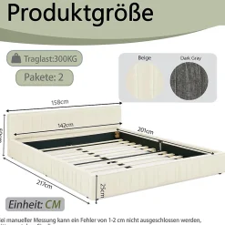 Lit double 140x200 cm, chenille veloutée, bois eucalyptus, cadre fer - beige
