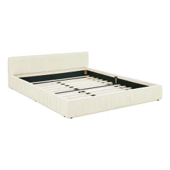 Lit double 140x200 cm, chenille veloutée, bois eucalyptus, cadre fer - beige