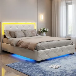 Lit double 140x200 cm cuir PU blanc capitonné cristal, coffre hydraulique, ports USB et LED