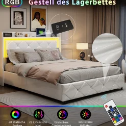 Lit double 140x200 cm cuir PU blanc capitonné cristal, coffre hydraulique, ports USB et LED