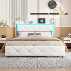 Lit double 140x200 cm cuir PU blanc capitonné cristal, coffre hydraulique, ports USB et LED