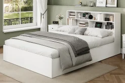 Lit double 140x200 cm en bois massif avec port USB tiroirs et espace de rangement sous le lit blanc sans matelas