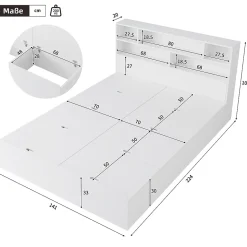 Lit double 140x200 cm en bois massif avec port USB tiroirs et espace de rangement sous le lit blanc sans matelas