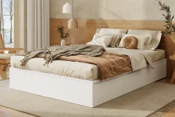 Lit double 140x200 cm en bois massif avec tiroirs et espace de rangement sous le lit blanc sans matelas