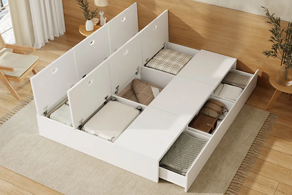 Lit double 140x200 cm en bois massif avec tiroirs et espace de rangement sous le lit blanc sans matelas