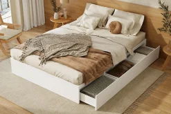 Lit double 140x200 cm en bois massif avec tiroirs et espace de rangement sous le lit blanc sans matelas